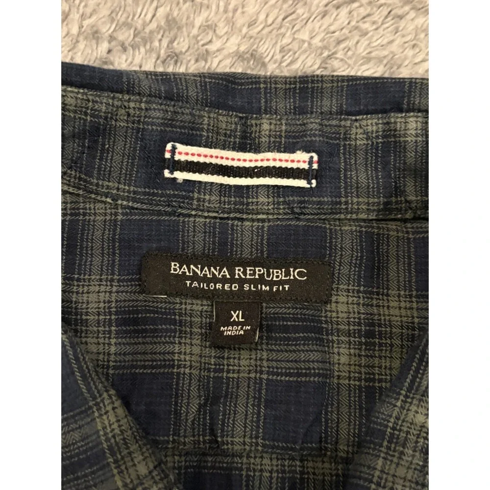 Banana Republic Shirt Mens XL Tailored Slim Fit Green Blue Plaid Pearl Snap